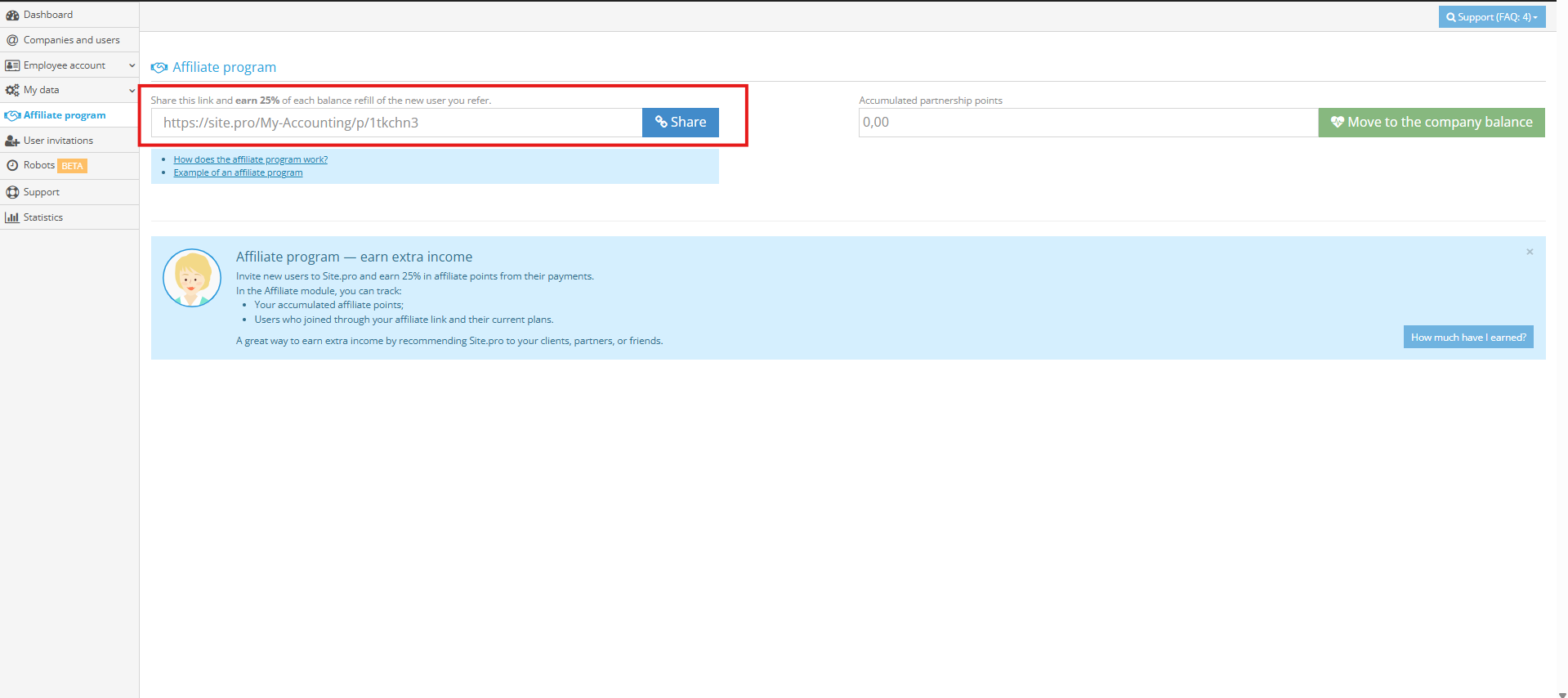 Affiliate program page showing the unique affiliate link and Share button highlighted in red.